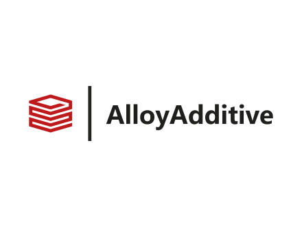 Logo von AlloyAdditive: rotes 3D-Schichten-Symbol, vertikaler Trennstrich, schwarzer Schriftzug "AlloyAdditive" auf weißem Hintergrund.